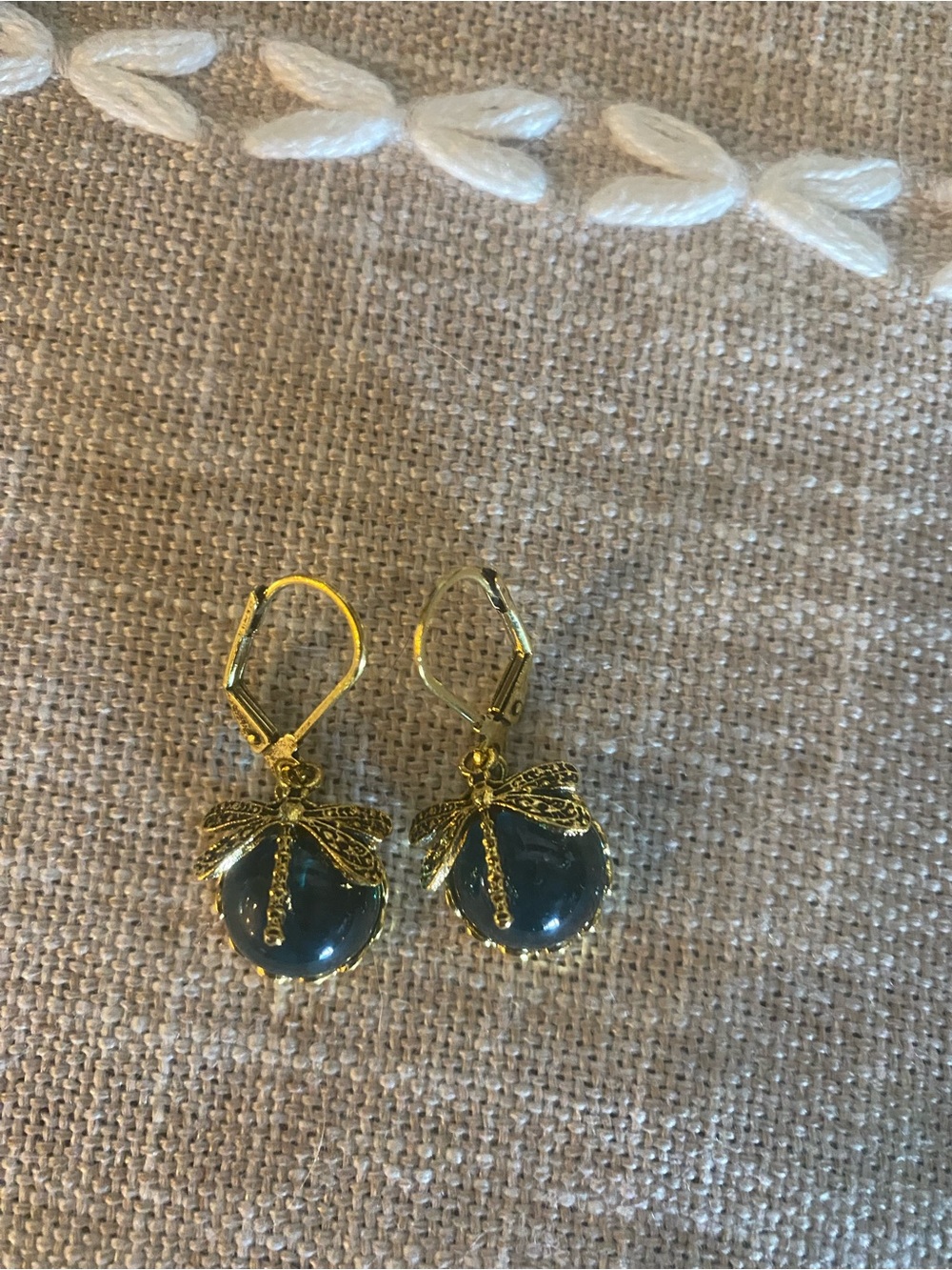 Gold Dragonfly Dangle Earrings with Dark Green Stone